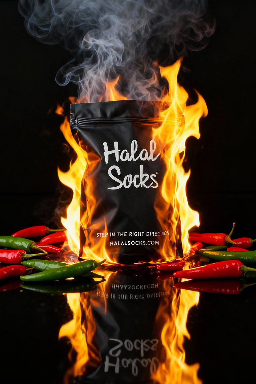 Flaming black bag labeled 'Halal Socks' with chili peppers on a reflective surface.