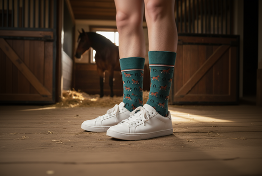 Person wearing Halal Socks Horse Socks in a barn stable